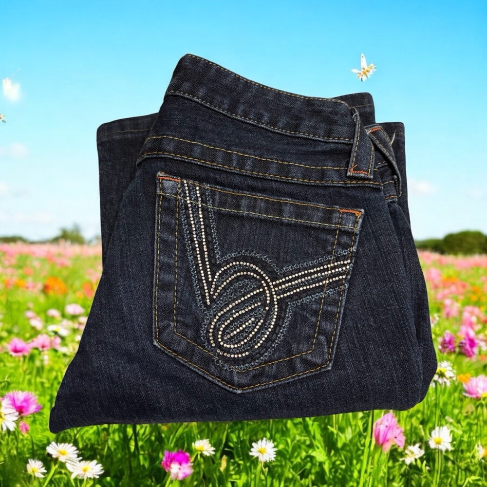bebe Dark Indigo Wide-Leg Flare Jeans with Rhinestone Pocket Detail